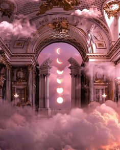 there are clouds in the room with arches and pillars on it, as if they were floating through the air