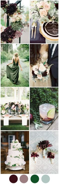 a collage of different pictures with flowers and greenery on them, including the bride's wedding cake