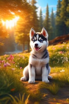 a husky dog sitting on the ground in front of some flowers and trees at sunset