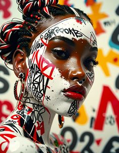 a woman with black and white face paint on her body is looking at the camera