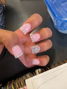 Prom Nails Acrylic Short Square, Short Nails For Prom, Prom Short Nails, Short Pink Nails With Rhinestones, Short Acrylic Nails With Rhinestones, Short Set Nails, Nails Acrylic French Tips, Short Glam Nails, Birthday Sets Nails