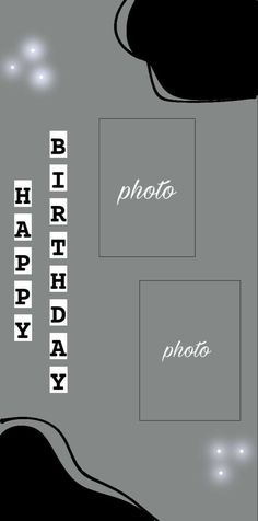 a birthday card with the words happy, photo, and photos in white on grey