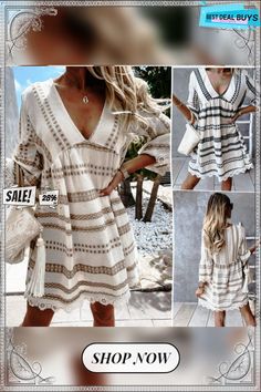 Women's Lace Stitching V-neck Loose Dress Beige V-neck Mini Dress For Vacation, Beige Long Sleeve V-neck Dress For Summer, Beige V-neck Boho Dress For Day Out, White Long Sleeve V-neck Summer Dress, White Long Sleeve V-neck Dress For Summer, Chic Beige V-neck Boho Dress, Chic Beige Boho V-neck Dress, Elegant V-neck Boho Dress For Day Out, Shift V-neck Dress For The Beach