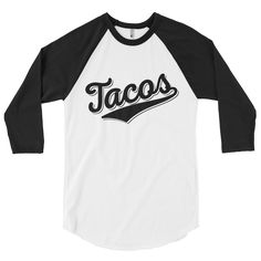 Taco Baseball 3/4 Sleeve Raglan Shirt Cotton Fan Apparel Baseball Jersey For Game Day, Varsity Cotton Baseball Jersey For Fans, Varsity Style Cotton Baseball Jersey For Fans, Team Spirit Cotton Baseball Jersey For Baseball Season, Cotton Baseball Jersey For Team Spirit, Cotton Baseball Team Jersey, Cotton Baseball Jersey For Fan Merchandise, White Cotton Baseball Jersey With Raglan Sleeves, Casual Team-colored Cotton Baseball Jersey