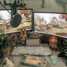 two computer monitors sitting next to each other on top of a desk in front of potted plants