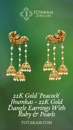 “Smile, it is the key that fits the lock of everybody's heart.” - Anthony J. D'Angelo |  Bring a smile to her face with these unique 22k gold “Peacock” Jhumkas designed with ruby & pearls. Find these and more 22k and 18k gold gemstone chandbalis, jhumkas and other traditional south Indian earring styles at Totaram.com. 22k Gold Bollywood Jhumkas With Peacock Design, Gold 22k Chandbalis With Peacock Design, 22k Gold Peacock Design Earrings For Ceremonial, 22k Gold Peacock Design Earrings For Ceremonial Occasions, Gold Chandbalis With Peacock Design In 22k Gold, Ceremonial 22k Gold Peacock Earrings, 22k Gold Jhumkas With Peacock Design For Celebration, Traditional 22k Gold Jhumkas With Peacock Design, Diwali 22k Gold Peacock Jhumkas