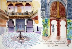 watercolor and ink drawings of an old building