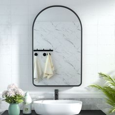 a white sink sitting under a bathroom mirror next to a green pot filled with flowers