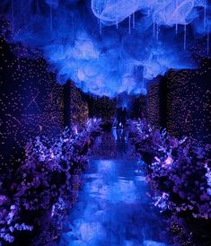 an image of a blue and purple scene with flowers in the foreground, lights hanging from the ceiling