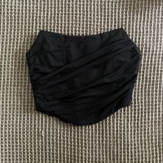 Mesh (Lined) Material, Boning, Zip Closure. Size M But Fits More As A S Black Ruched Bandeau Top, Spring Ruched Black Tube Top, Spring Black Ruched Tube Top, Elegant Black Tube Top For The Beach, Elegant Black Tube Top For Beach, Black Ruched Tube Top For Night Out, Black Strapless Swimwear For Evening, Black Bandeau Crop Top For Evening, Ruched Black Crop Top For Summer