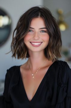 Sleek Shatter Bob with Subtle Layers Hair Color Ideas For Brunettes Bob, Brunette Bob With Balayage, Millenial Mom Haircut, Above Collarbone Length Hair, Dark Brown Textured Bob, Textured Bob Dark Hair, Mid Length Bob Thick Hair, Bob Just Above Shoulders, Different Bob Lengths