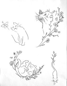 four drawings of cats and flowers on white paper