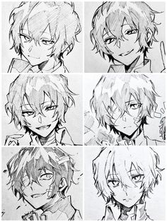 six different anime faces drawn in pencil