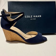 Absolutely Gorgeous Cole Haan, Leather Blue 4” Wedge Heal. Such A Classic, Shoe. Not Worn Once. See Pictures - One Shoe Is Still In The Bag (Included) Still In Box. Not A Mark On Them. * I Do My Very Best To Make Sure There Are No Imperfections. If There Are, I Will List Them. I Want My Buyers To Be Happy! However, Sometimes Things Do Slip By. Blue Round Toe Wedge Sandals For Formal Occasions, Blue Formal Wedge Sandals With Round Toe, Blue Cushioned Ankle Strap Wedge Sandals, Blue Wedge Sandals With Cushioned Footbed, Elegant Blue Wedge Sandals With Round Toe, Elegant Blue Synthetic Wedge Sandals, Blue Wedge Heels With Cushioned Footbed, Gladiator Wedge Sandals, Beige Wedges