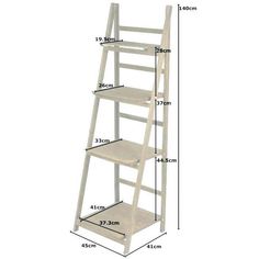 a white ladder shelf with measurements for the top and bottom shelves on each side,