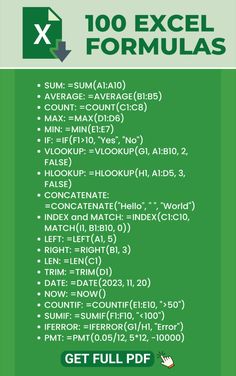 a green poster with the words, 100 excel formulas