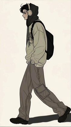 a drawing of a man walking with headphones in his ears and wearing a hoodie