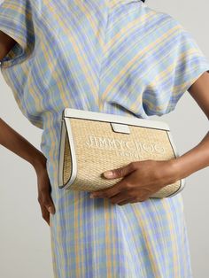 Whether you're attending a beach wedding or dining al fresco on vacation, Jimmy Choo's 'Avenue' clutch is the perfect accessory for balmy summer occasions. It's woven from beige raffia that's embroidered with the brand's logo and trimmed with off-white leather. There's enough space inside for your sunglasses, lip balm and a discovery-size perfume vial. White Summer Clutch For Formal Occasions, Luxury Summer Evening Clutch, Embroidered Clutch For Evening In Summer, Chic Embroidered Summer Clutch, Elegant Embroidered Clutch For Summer, Elegant Summer Vacation Clutch, White Evening Clutch For Summer, White Summer Evening Clutch, Elegant White Clutch For Beach