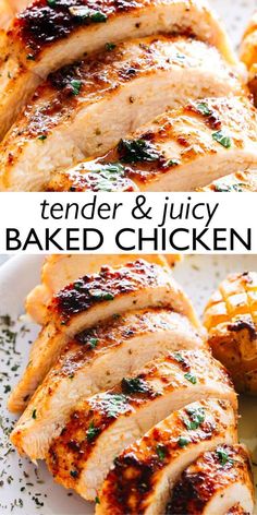 tender and juicy baked chicken on a white plate