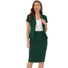 Looking for a sophisticated and elegant outfit for the workplace? Look no further than this classy top and pencil skirt set! With a notch lapel and an elastic waistband pencil skirt, this set is the perfect combination of comfort and style. Dress it up for a business meeting or keep it professional for a day in the office. This versatile set is also suitable for a variety of occasions, including school, interviews, evening parties, and even daily wear. So why wait? Add this must-have set to your Fitted Short Sleeve Office Blazer, Elegant Short Sleeve Blazer For Business Casual, Fitted Short Sleeve Business Blazer, Fitted Short Sleeve Blazer For Business, Short Sleeve Fitted Blazer For Business Casual, Elegant Short Sleeve Blazer For Office, Fitted Short Sleeve Blazer For Business Casual, Elegant Short Sleeve Office Blazer, Tailored Pencil Skirt Suit For Office Wear