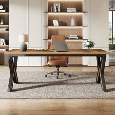 a desk with a laptop on it in front of some bookshelves and shelves