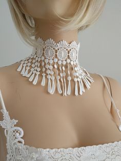 "White Venice Lace Choker, Bridal Necklace , Wedding, Necklace, Baroque, Gothic , Victorian Necklace, Gothic Bohemian, Romantic Choker,   Elegant choker is made of White Venice lace.  Choker is finished with a silver-plated lobster clasp and 2 inch extender chain. Width Lace - 4.5\"  Length of choker - 14 inches + 2\" extender, adjustable If you need another length of your choker please let me know your measurement. This accessory makes a perfect gift! Thanks for visiting  and come back soon !" Delicate White Bridal Necklace For Party, Elegant White Jewelry For Festival, White Lace Necklace For Wedding, Elegant Adjustable Jewelry For Ceremonies, Elegant White Choker For Festivals, White Bohemian Bridal Necklace For Gift, Handmade Bohemian White Bridal Necklace, Adjustable White Bridal Necklace For Party, White Bohemian Bridal Necklace