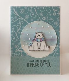 a card with a polar bear on it's front and the words, just shining here thinking of you