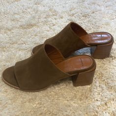 Never Worn Brown Suede Mules Size 10 Fits Like A 9.5 2 Inch Heel Fall Open Toe Mules With Padded Heel, Brown Sandals With Suede Lining For Spring, Suede Mules With Almond Toe, Medium Width, Suede Mules With Almond Toe, Suede Almond Toe Mules Medium Width, Casual Suede Sandals With 4-inch Heel, Spring Heels With Suede Lining, Medium Width Suede Almond Toe Mules, Casual Spring Heels With Suede Lining