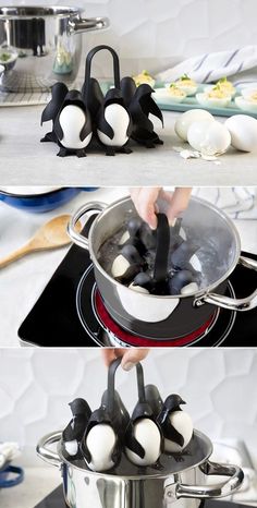 two pictures showing how to cook eggs in the same pot and then using tongs