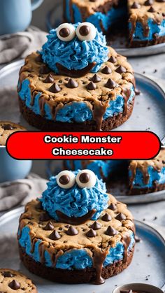 cookie monster cheesecake with googly eyes and chocolate chips