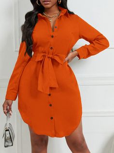 Orange Elegant  Long Sleeve Polyester Plain Shirt Embellished Non-Stretch Spring/Summer Women Dresses Smart Casual Women Dress, Outfit Ideas For Plus Size, Dresses For Women Classy, African Shirt Dress, Comfy Outfit Ideas, Short Orange Dress, Outfit Ideas Plus Size, Elegant Shirt Dress, Smart Casual Women Outfits