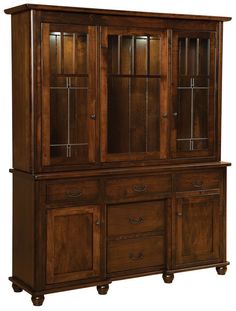 a wooden china cabinet with glass doors and drawers