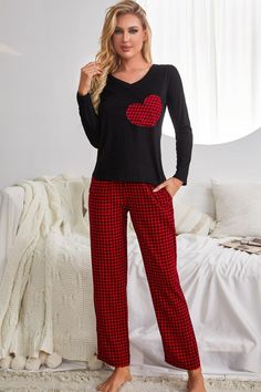 Plaid Heart Graphic V-neck Top and Pants Lounge Set Red Plaid Pants, Classic Pajamas, Pajama Suit, Christmas Plaid, Heart Graphic, Print Pajamas, Plaid Fashion, Gingham Print, Plaid Pants