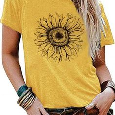 Yellow Sunflower T Shirt Perfect Summer T Shirt Solid Color With Flower Print On The Front, Short Sleeve, Round Neck And Comfy Relaxed Fit. Bodycon Evening Dress, Floral Print Shirt, Fashion Now, Sunflower Print, Short Sleeve Shirts, Loungewear Set, Floral Print Shorts, Cheap Fashion, Colorful Fashion