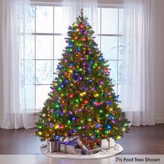 a brightly lit christmas tree in front of a window