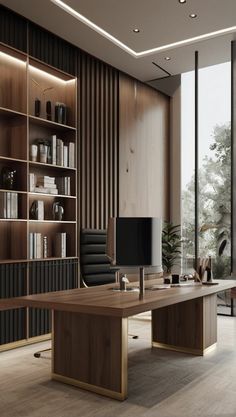 an office with wooden walls and flooring is pictured in this image, there are bookshelves on either side of the desk