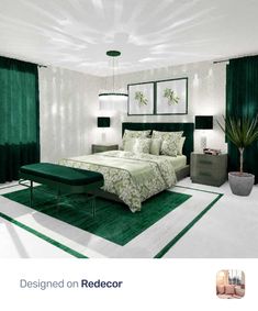 a bedroom with green and white decor on the walls, carpeted flooring and curtains