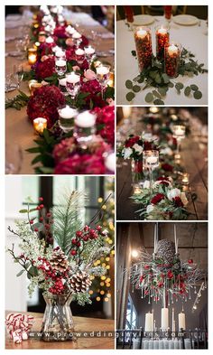 several photographs of candles, flowers and greenery in vases on a table top