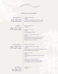 a white and blue wedding program with palm trees