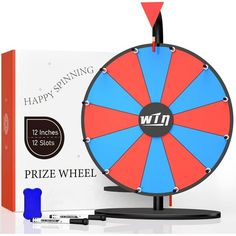 the prize wheel is on display in front of a box with markers and markers