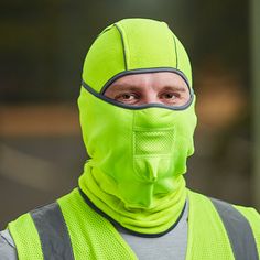 Stay warm and readily visible with this hi-vis lime polar fleece wind-resistant balaclava face mask. This balaclava features a full-face, wind-resistant design that offers total thermal protection for the head and neck and can even be tucked into a jacket to keep cold air out. It fits comfortably beneath hard hats and helmets without being bulky, making it ideal for construction sites with extreme weather conditions, warehouses, and refrigerated areas.   This balaclava features a 220-gram, stret Windproof Full Face Balaclava, Functional Windproof Balaclava For Protection, Protective Windproof Balaclava For Outdoor, Protective Full Face Balaclava For Outdoor, Protective Full-face Balaclava For Outdoor Activities, Breathable Hooded Balaclava For Protection, Solid Windproof Balaclava For Protection, Solid Color Windproof Balaclava For Protection, Fleece Lined Full Face Balaclava For Outdoor Activities