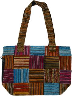 A boho-style Satchel Purse Bag with Double Top Handles. The bag is characterized by stripes squares of cotton dari fabric giving it a good body. #tlb #bohemianfashion #BohoBag Multicolor Square Hobo Bag For Travel, Multicolor Woven Square Bag, Casual Multicolor Square Hobo Bag, Bohemian Fabric Shoulder Bag For Daily Use, Striped Woven Rectangular Shoulder Bag, Multicolor Fabric Bags For Vacation, Bohemian Cotton Shoulder Bag For Market, Rectangular Striped Woven Shoulder Bag, Brown Square Cotton Bag