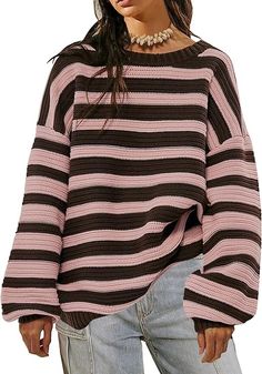 Long Sleeve Crew Neck Ribbed Knit 2023 Pullover Sweater Tops for Fall Winter #afflink Fall Sweaters For Women, Oversized Striped Sweater, Fall Pullover, Casual Knitwear, Sweater Tops, Sweater Oversized, Sweater Oversize, Oversized Long Sleeve, Trendy Fall