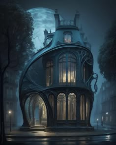 an artistic rendering of a house in the middle of a street at night with lights on