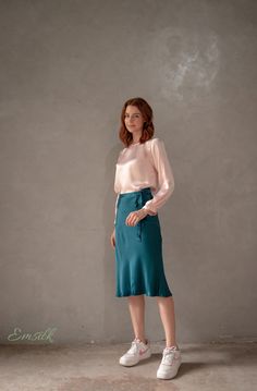 "This luxury exclusive design silk skirt is perfect for fall and winter. 100 % designed and handmade by Emsilk. I am pleased to offer your garments made to measure at no extra cost. All of my designs can be made in any colors that you see in my shop. Link to all colors in pure silk: https://www.etsy.com/shop/emsilkdesign?ref=seller-platform-mcnav&section_id=28483599 * Detail: - Slip skirts go with any tops and beautiful all year around. - Midi skirt - bow tied straps - Below the knee/ or len Chic Silk Skirt For Fall, Silk Skirt For Workwear In Fall, Relaxed Silk Midi Skirt, Silk Flowy Skirt For Fall, Flowy Silk Midi Skirt, Silk Workwear Skirt For Fall, Flowy Silk Skirt For Fall, Fall Silk Skirt For Work, Relaxed Silk Midi Pencil Skirt