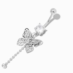 Get noticed in this flashy belly bar. The silver-tone piercing has a faux crystal on the bottom that has a dangling filigree butterfly and a drop-down chain with an additional faux crystal. Finish: Silver-tone Size: 14G/1.6mm Closure: Post Material: Stainless steel - Claire's Stainless Steel 14G Filigree Butterfly Belly Ring Butterfly Shaped Metal Jewelry For Weddings, Butterfly-shaped Metal Wedding Jewelry, Butterfly Shaped Metal Wedding Jewelry, White Butterfly-shaped Metal Jewelry, Belly Bar, Belly Button Jewelry, Belly Bars, Button Rings, Fashionable Jewelry