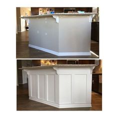 two pictures of the same kitchen island in different stages of remodeling and painting