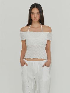 This is a casual and feminine top by MORE THAN PARADISE that is made out of high quality and sturdy material. With distinctive mood of the design and comfortable wear, you can style it for your casual daily outfit.- Halter neck layered off shoulder- Elastic ruffle lace fabric- Trendy, casual and feminine mood Casual Stretch Off-shoulder Foldover Top, Casual Fitted Off-shoulder Top With Foldover, Spring Fitted Off-shoulder Knit Top, Chic Off-shoulder Knit Top For Spring, Trendy Off-shoulder Tops For Day Out, White Feminine Off-shoulder Top For Day Out, Casual Summer Off-shoulder Top With Foldover, Summer Crop Top For Layering With Relaxed Fit, Chic Cotton Off-shoulder Top For Spring