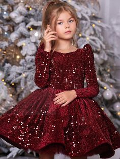 Kisabiano Dress, Modern Flower Girl Dresses, Flower Girl Dresses Knee Length, Red Sequin Dress, Dress Christmas, Dress Sleeve Styles, Long Sleeve Sequin, Princess Dresses