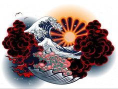 an image of the great wave tattoo on a white background with red and black ink